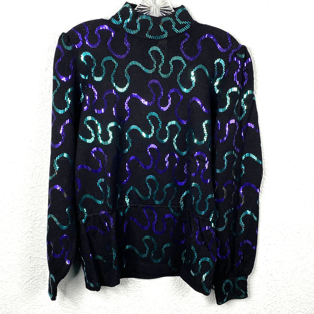 St. John Neiman Marcus Top Size 8 Womens Black with Purple Teal Sequin - Picture 1 of 11